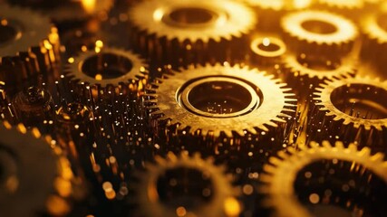 Poster - Golden Gears and Cogs with Shimmering Lights in a Blurred Background Creating a Rich Industrial Atmosphere