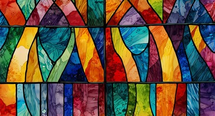 Poster - Abstract stained glass window with vibrant colors and geometric shapes in a mosaic pattern design