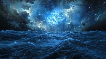 Wall Mural - A celestial ocean landscape featuring stars and rolling water waves