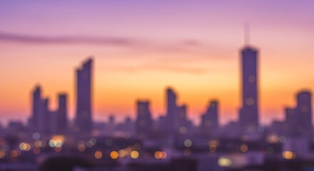 Poster - A city skyline with a purple sky in the background