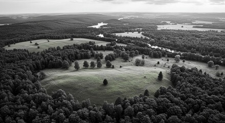 Poster - A black and white photo of a forest with a river running through it
