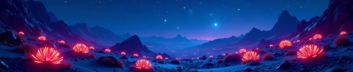 vibrant alien terrain illuminated by bioluminescent plants, starlit night sky above, landscape, biol
