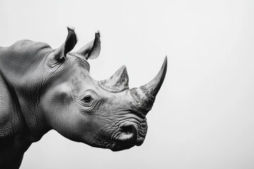 Poster - Rhinoceros standing against a minimal white background showcasing intricate gray skin texture and unique horn details in soft light