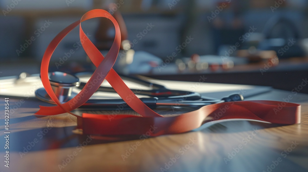 Red ribbon symbol representing awareness for sexually transmitted ...