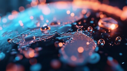 Poster - Close-up view of water droplets on a surface illuminated by soft blue and orange lights in a dark setting