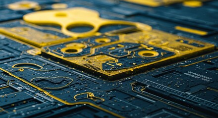 Poster - A close up of a yellow and blue electronic device with a yellow