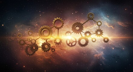 Poster - A collection of gears in space with a yellow background