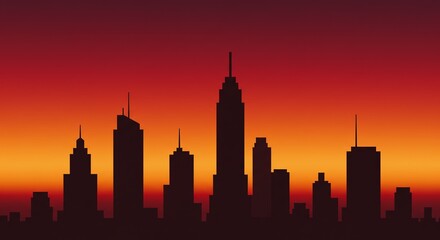 Poster - A city skyline is silhouetted against a red and orange sky