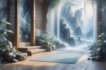 Poster - Serene digital art depicting a tranquil indoor space opening to a lush, waterfall-filled landscape.  Sunlight streams through, illuminating mist and rock formations.  A wooden structure and a blue rug