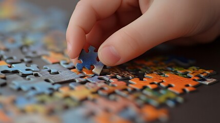 Poster - Close up of a child's hand carefully placing a puzzle piece into a colorful jigsaw puzzle, demonstrating concentration and problem solving abilities
