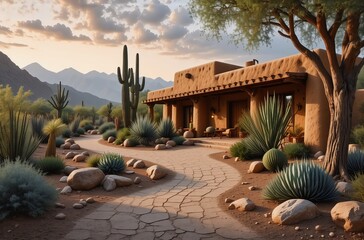 Poster - Desert landscape showcasing a Southwestern adobe-style house with a paved pathway winding through xeriscaped gardens featuring cacti and desert plants.  Mountains are visible in the background under a