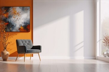 Poster - Sunlit minimalist room features a gray armchair against an orange wall, complemented by autumnal decor and a large abstract painting.  Natural light streams through a window.