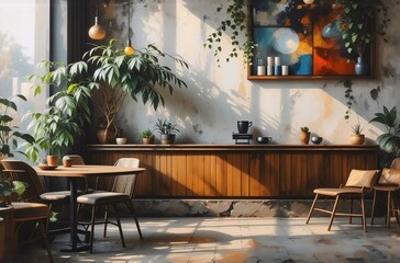Poster - Sunlit cafe interior with wooden counter, potted plants, and abstract artwork.  Warm, inviting atmosphere.