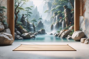 Poster - Serene landscape painting depicts misty mountains, cascading waterfalls, and a tranquil pool.  Perfect for meditation or yoga space.