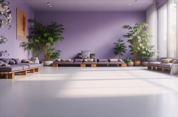 Poster - Serene minimalist room bathed in soft sunlight.  Lavender walls, wooden platforms with cushions, and tall potted plants create a tranquil atmosphere.  Ideal for yoga or meditation.
