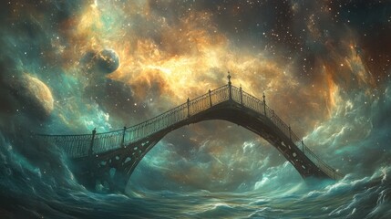 Wall Mural - A majestic bridge spanning a celestial ocean between cosmic worlds