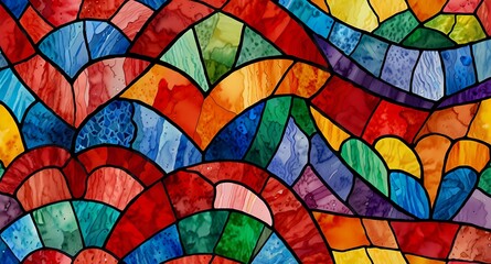 Poster - A vibrant stained glass window pattern with curved shapes and multiple colors in an abstract design