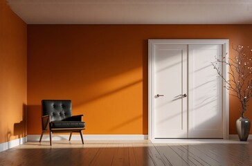 Poster - Sunlit minimalist room features an orange wall, hardwood floor, a black leather armchair, and white double doors.  A simple branch in a vase adds a touch of nature.
