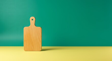 Poster - A wooden cutting board sits on a table in front of a green wall