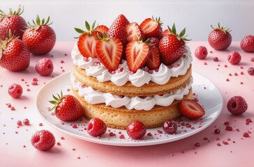 Poster - A delectable two-layered cake adorned with fresh strawberries and raspberries, sits on a pink surface, surrounded by more berries and pink sprinkles.  Creamy frosting layers the cake.