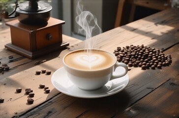 Poster - Aromatic latte art graces a steaming cup of coffee, accompanied by roasted beans and a vintage grinder. Sunlight streams through a nearby window, illuminating the rustic wooden table.