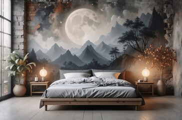 Poster - Serene bedroom features a large-scale mural depicting a majestic full moon rising over a mystical mountain range.  The calming grayscale palette creates a tranquil atmosphere.
