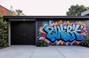 Poster - A vibrant graffiti mural explodes in color across a modern building's exterior wall, contrasting against a sleek black garage door. Lush greenery adds a touch of nature to the scene.