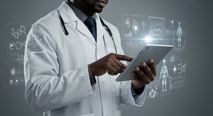 Black doctor with digital tablet and holographic medical icons. Medical professional integrates digital solutions in healthcare. Protection personal data. Innovation and technology in patient care