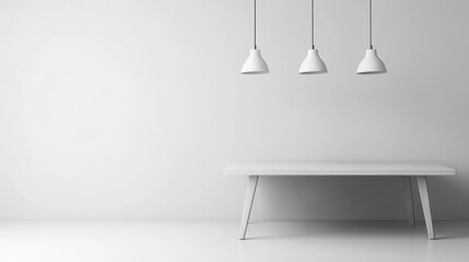 Poster - Modern Minimalist Interior with White Table and Pendant Lighting in Bright, Calm Atmosphere