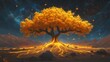 © Photo - A majestic tree with radiant golden leaves standing alone in a vast desert glowing roots intertwining with the sand beneath a cosmic sky