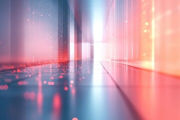 Leinwandbilder - A futuristic hallway with glowing lights and reflections in a digital environment at dusk