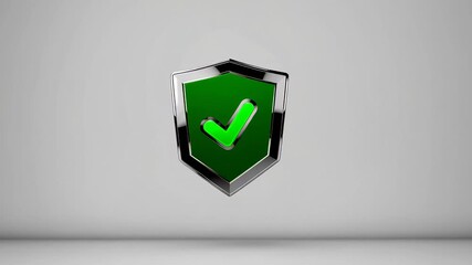 Poster - Metallic shield displaying green checkmark bouncing against white background, symbolizing digital security, protection, and reliable verification