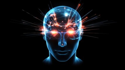 Fototapete - Futuristic Human Head with Neural Connections and Bright Sparks of Energy in Dark Background