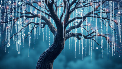 Wall Mural - Snowy branches frame the cold, blue winter forest