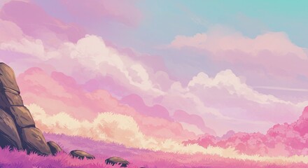 Poster - A beautiful pink sky with clouds and a rocky hillside