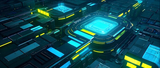 Poster - Cyberpunk Cityscape: Futuristic Tech Metropolis Aerial View