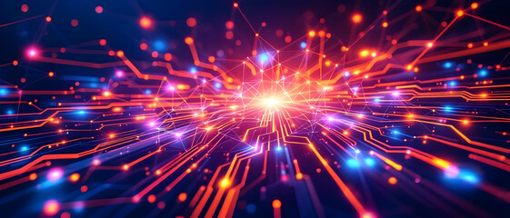 Fototapete - Abstract Network: Glowing Circuit Board with Data Flow and Connections
