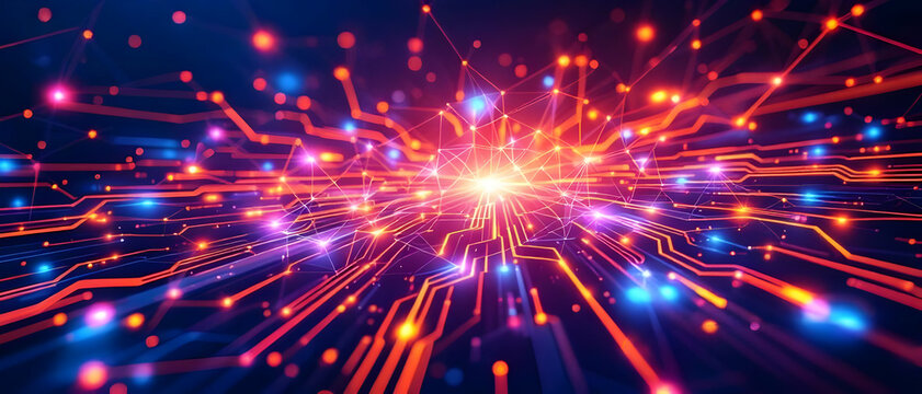 Abstract Network: Glowing Circuit Board with Data Flow and Connections