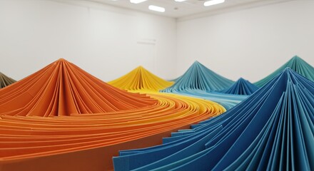 Aufkleber - A series of colorful paper mountains are arranged in a room