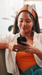 Aufkleber - Online dating, phone or woman in home thinking of social media, texting application or chat subscription. Ideas, technology or girl with mobile message or smile for post, flirting or romantic match