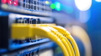 Poster - High-Speed Network: Yellow Cables Connected to a Server Rack