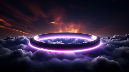 Aufkleber - Neon Light Ring Illuminating Abstract Cloud in Dark Night Sky