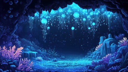 Wall Mural - A fantastic underwater cave with glowing blue jellyfish and flora