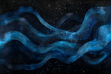 Poster - Abstract blue glowing waves on a black background with dots and lines