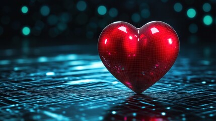 Poster - Shiny red heart sculpture on a glowing blue digital surface with abstract bokeh background