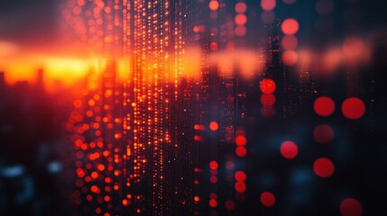 Poster - Sunset Cityscape: Digital Data Stream at Dusk