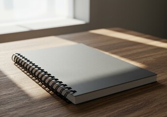 Wall Mural - Spiral notebook on wood desk isolated on white background