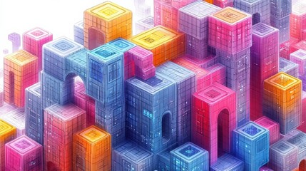 Poster - Colorful abstract cityscape with geometric structures and vibrant blocks, showcasing a modern digital environment