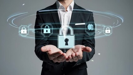 Poster - Innovative digital security concept presented by a businessman holding various lock icons, symbolizing data protection and secure login in the digital realm