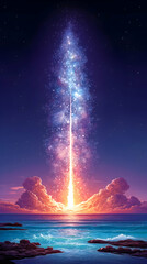 Wall Mural - A vibrant rocket launch at sunset, illuminating the night sky with cosmic dust trails above a tranquil ocean